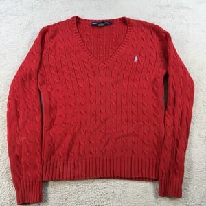 Polo Ralph Lauren Sweater Womens Large Red Chunky Cable Knit Fishermen Pullover
